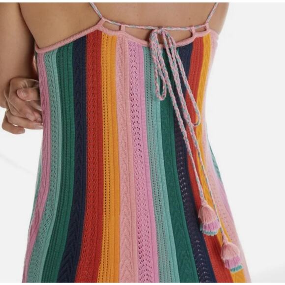 ANTHROPOLOGIE x Farm Rio Crochet Mini Knit Multi Striped Dress - Picture 3 of 4